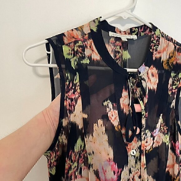 DANIEL RAINN Navy Blue Cream Ivory Multi Floral Tie Neck Button Down Tank Blouse - Picture 5 of 15